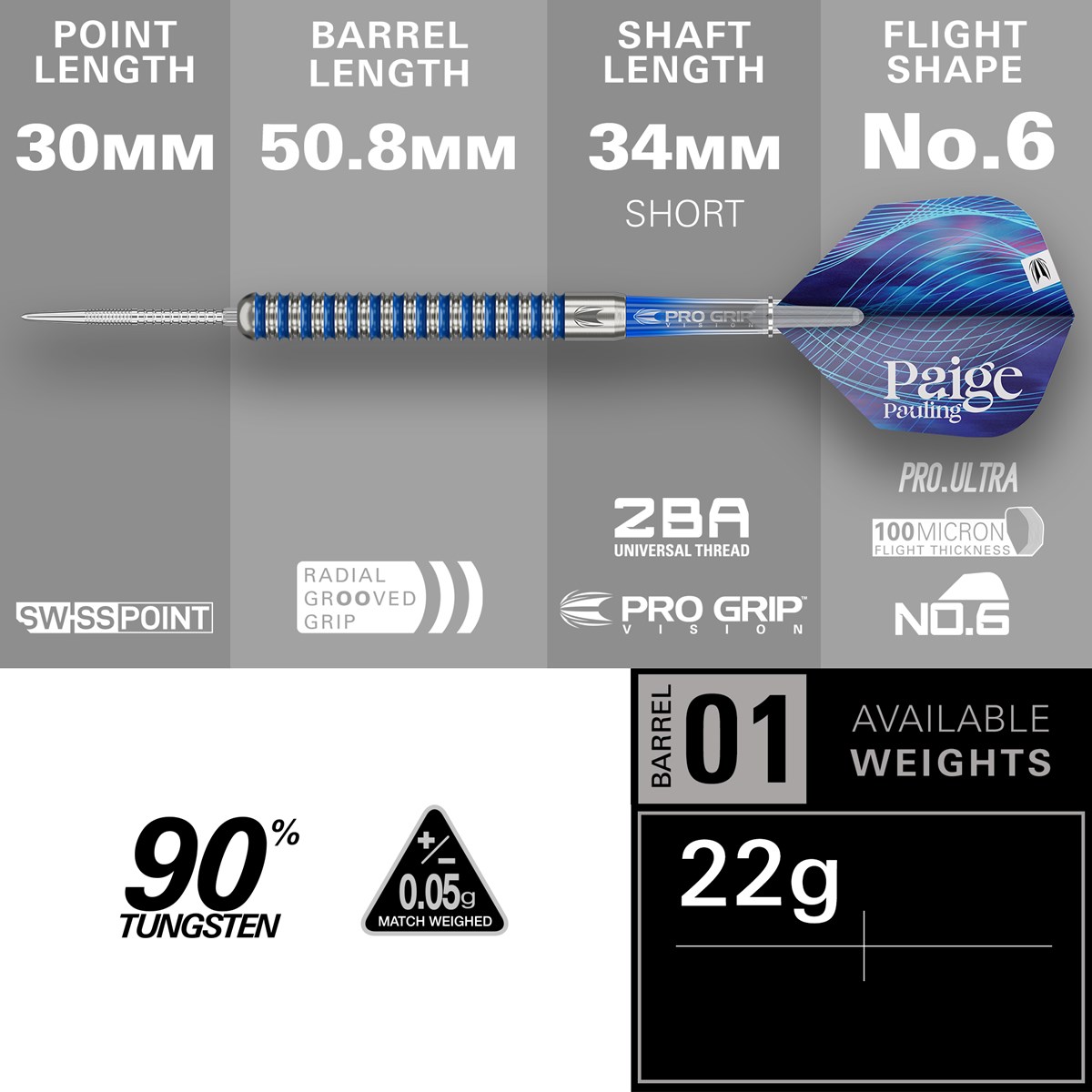 Target Darts Paige Pauling 90% Swiss Point Steel Tip Darts 22 grams