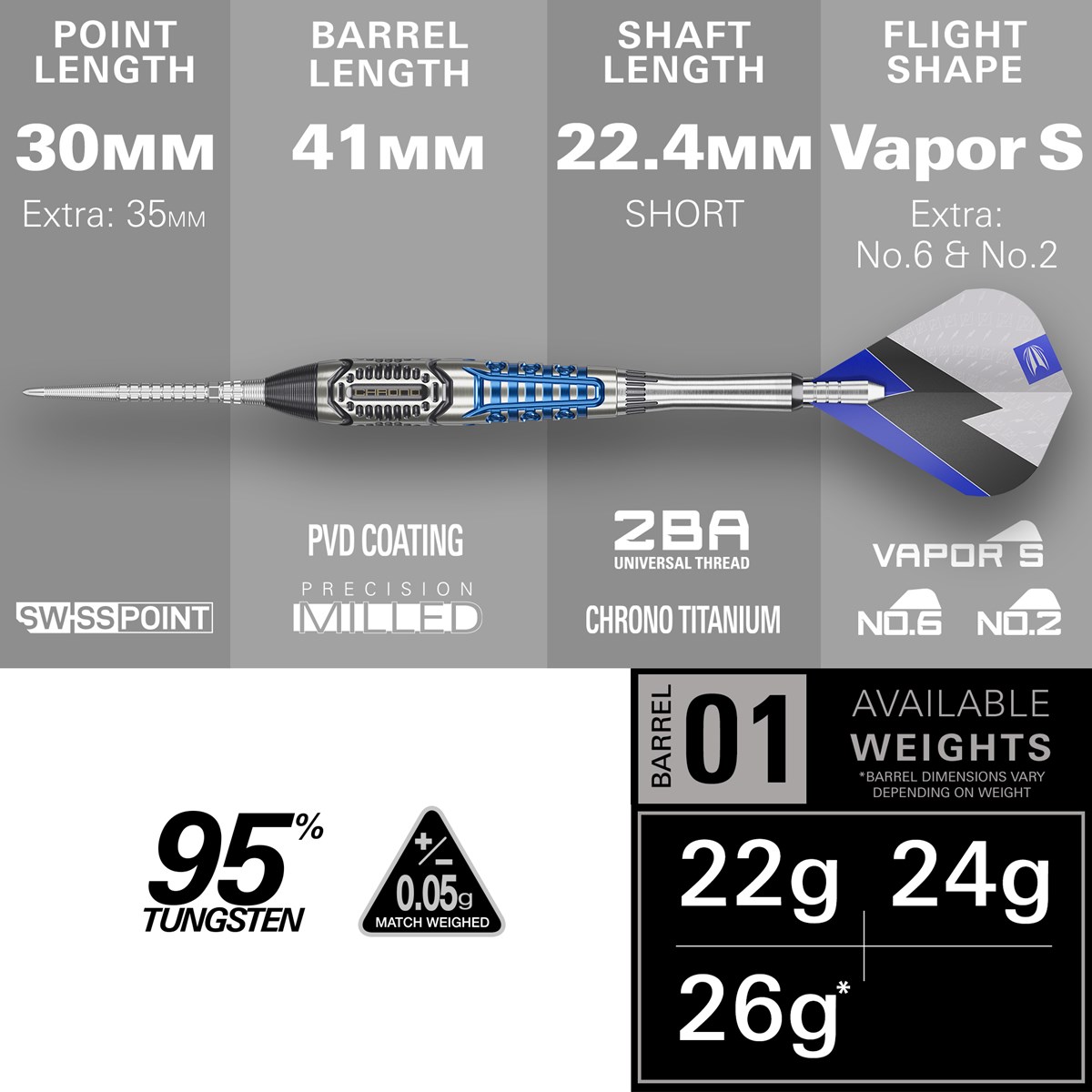 Target Darts Phil Taylor Power Chrono Swiss Point Steel Tip Darts 22 grams