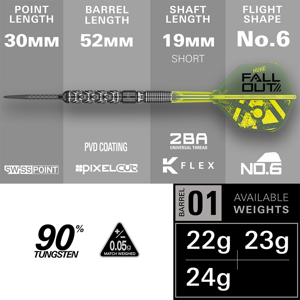 Target Darts Luke Littler Nuke Fallout 90% Swiss Point Steel Tip Darts 22 grams